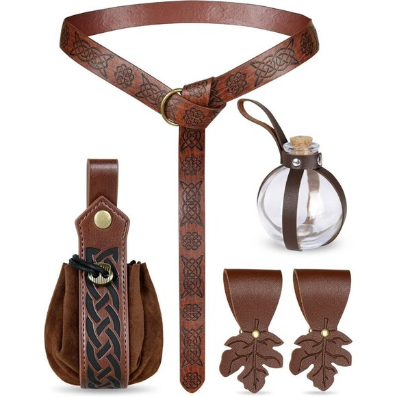 Renaissance Costume Belt Set Leather Pouches Bottles for LARP & Festivals